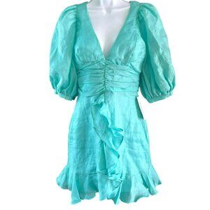 Bardot Women's Aura Aqua Puff Sleeve Mini Dress Ruffle Hem V-Neck NWT Size 4